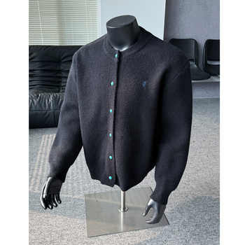 Ανδρικό πλεκτό καρντγάν με χαλαρή γραμμή, γιακά τύπου baseball, μακριά μανίκια, πολυεστερικό ύφανσμα