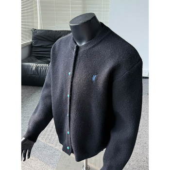 Ανδρικό πλεκτό καρντγάν με χαλαρή γραμμή, γιακά τύπου baseball, μακριά μανίκια, πολυεστερικό ύφανσμα