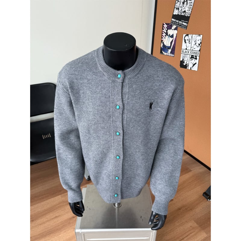 Ανδρικό πλεκτό καρντγάν με χαλαρή γραμμή, γιακά τύπου baseball, μακριά μανίκια, πολυεστερικό ύφανσμα