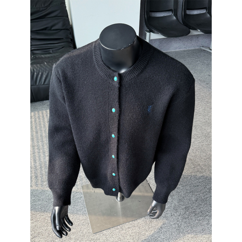 Ανδρικό πλεκτό καρντγάν με χαλαρή γραμμή, γιακά τύπου baseball, μακριά μανίκια, πολυεστερικό ύφανσμα