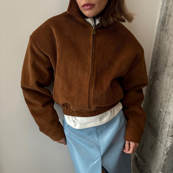 Corduroy jakna s Turn-down ovratnikom, zip, slobodan kroj, dugi rukavi