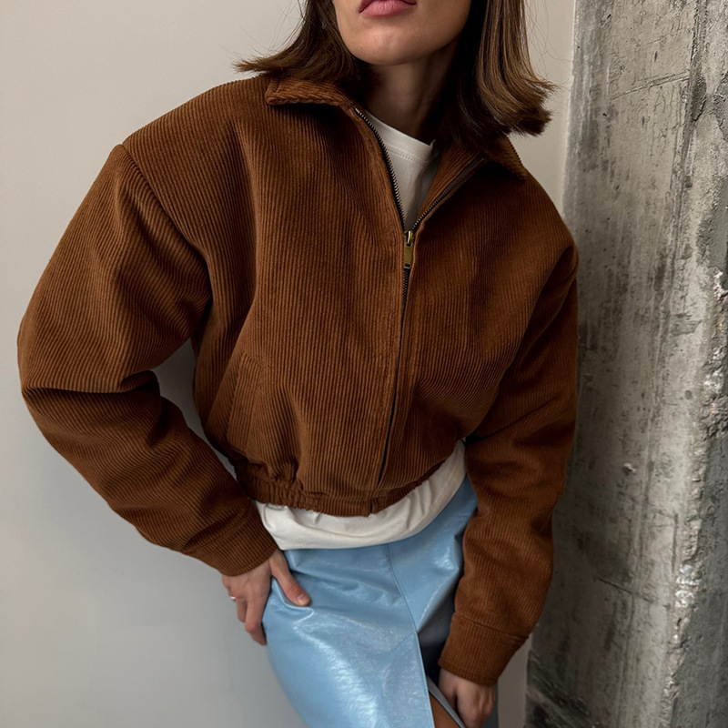 Corduroy jakna s Turn-down ovratnikom, zip, slobodan kroj, dugi rukavi