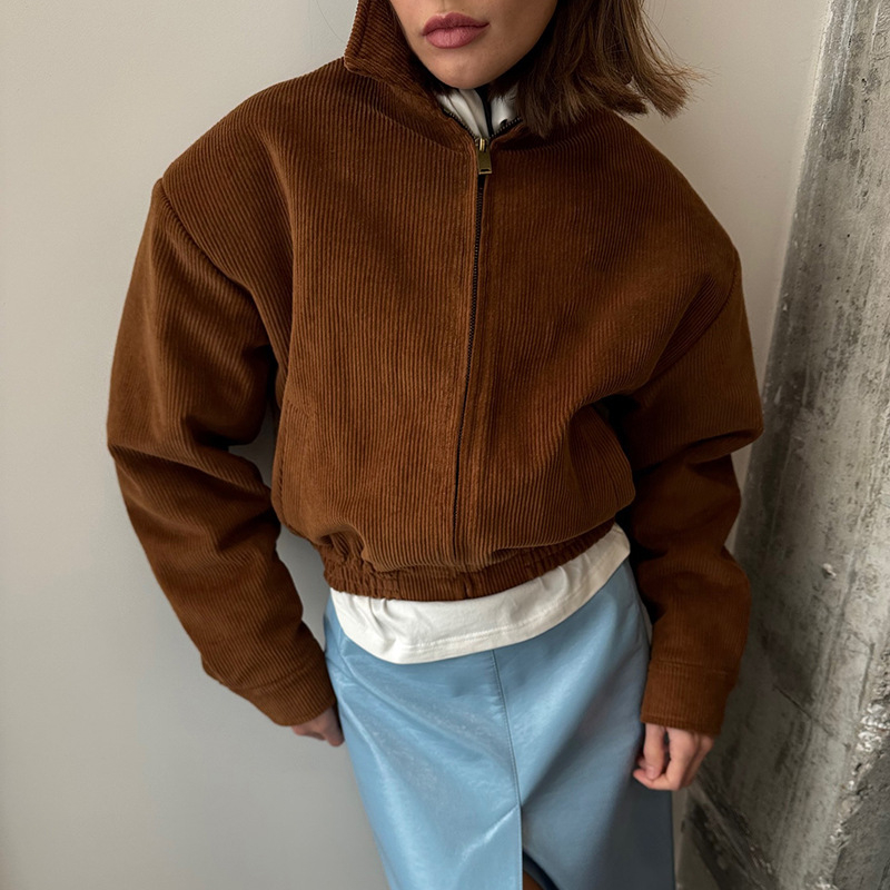 Corduroy jakna s Turn-down ovratnikom, zip, slobodan kroj, dugi rukavi