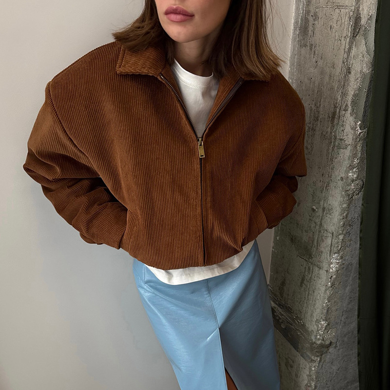 Corduroy jakna s Turn-down ovratnikom, zip, slobodan kroj, dugi rukavi