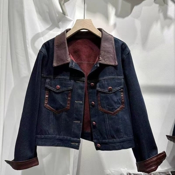 Ženska retro patchwork denim jakna, jesen–zima, podstavljena fleesom, debela, kontrastne boje, kratka jakna s reverom
