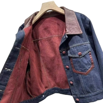 Ženska retro patchwork denim jakna, jesen–zima, podstavljena fleesom, debela, kontrastne boje, kratka jakna s reverom