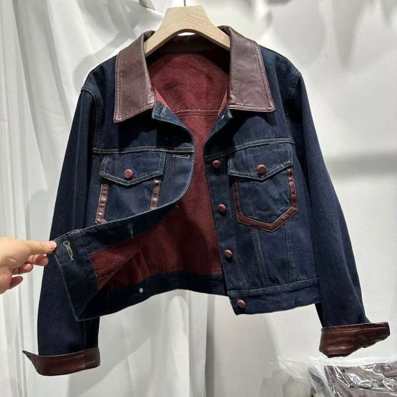 Ženska retro patchwork denim jakna, jesen–zima, podstavljena fleesom, debela, kontrastne boje, kratka jakna s reverom