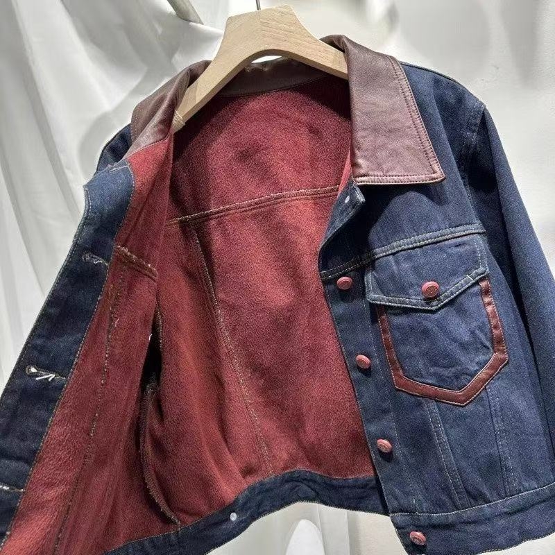 Ženska retro patchwork denim jakna, jesen–zima, podstavljena fleesom, debela, kontrastne boje, kratka jakna s reverom