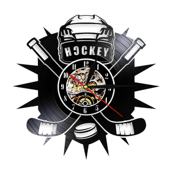 Ceas de perete cu motiv de club de hochei, vinyl retro – afișaj analog cu numere, mișcare cuarț, alimentat cu baterie, carcasă din plastic
