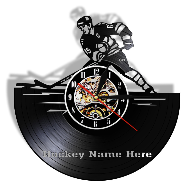 Ceas de perete cu motiv de club de hochei, vinyl retro – afișaj analog cu numere, mișcare cuarț, alimentat cu baterie, carcasă din plastic