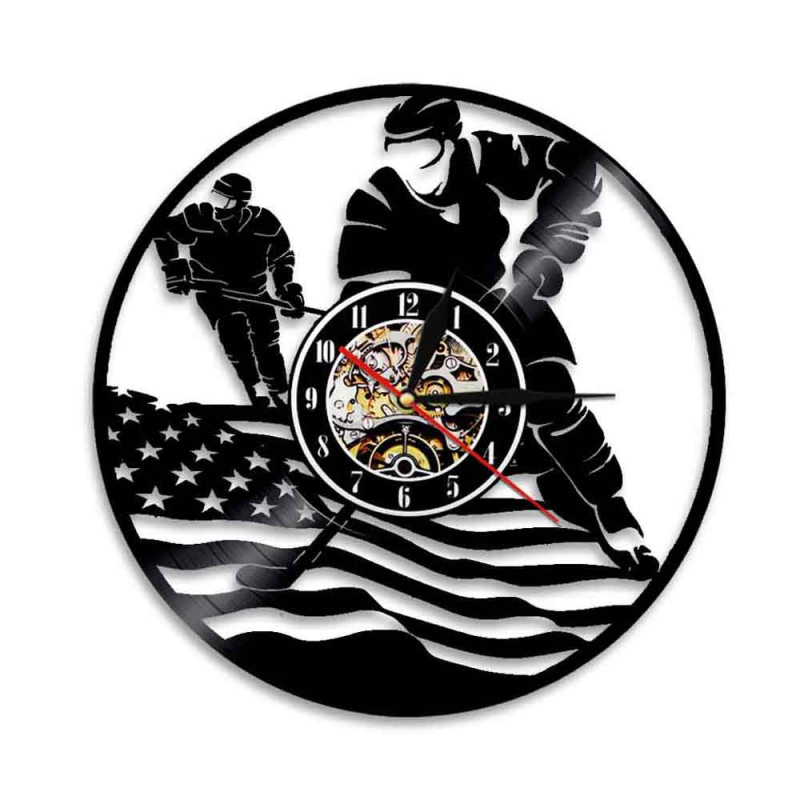 Ceas de perete cu motiv de club de hochei, vinyl retro – afișaj analog cu numere, mișcare cuarț, alimentat cu baterie, carcasă din plastic