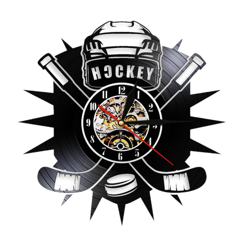 Ceas de perete cu motiv de club de hochei, vinyl retro – afișaj analog cu numere, mișcare cuarț, alimentat cu baterie, carcasă din plastic