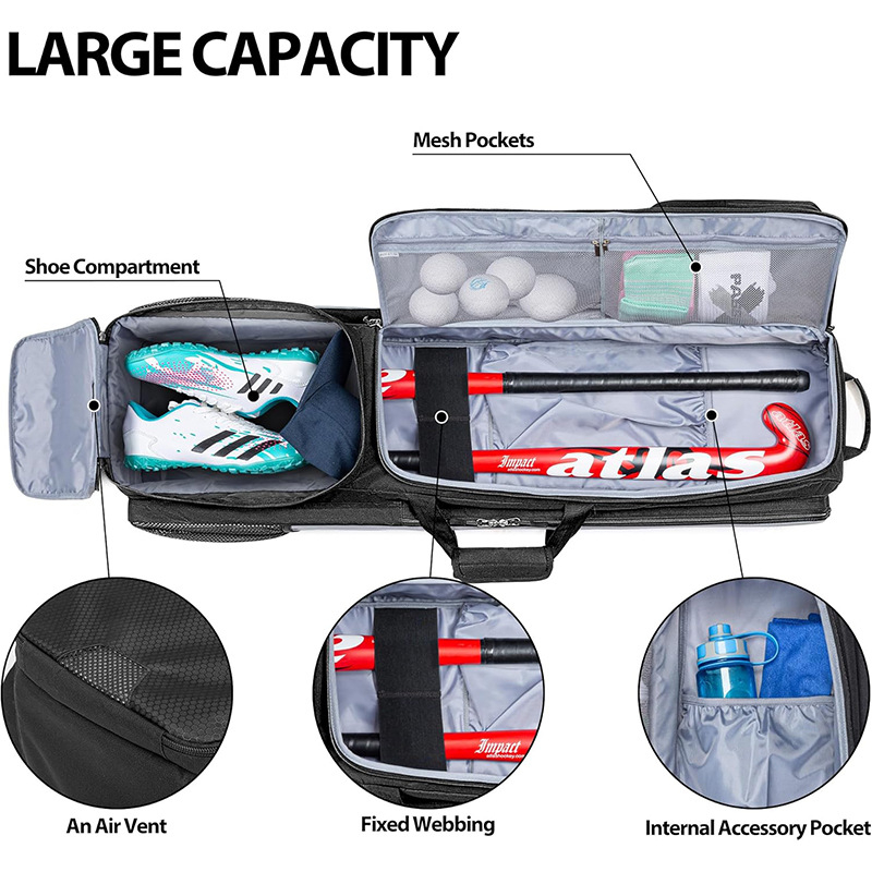 Hokejaška za opremu, otporna na habanje, višestruka upotreba, velika zapremina za vanjske natjecateljske uvjete; materijal: Oxford tkanina; nosivi sustav: jastučić zraka; podstava: poliester; sezona: ljeto 2025; unisex
