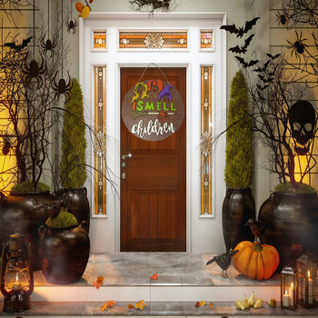 Semn de ușă din lemn cu vrăjitoare de Halloween și mătură – decor de perete pentru interior/exterior