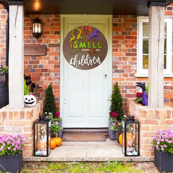 Semn de ușă din lemn cu vrăjitoare de Halloween și mătură – decor de perete pentru interior/exterior