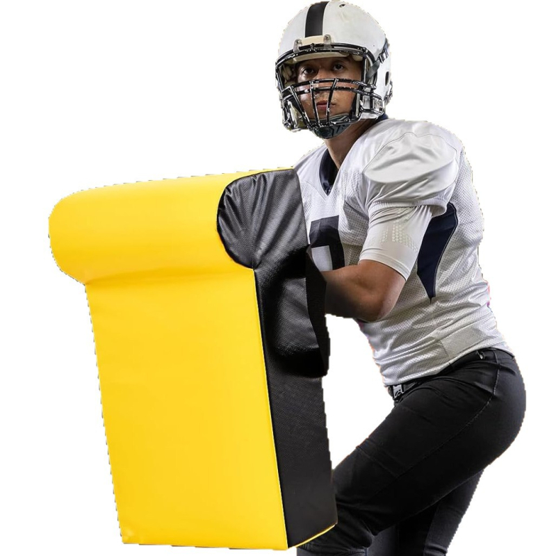 Klininės formos futbolo blokavimo pagalvė komandos treniruotėms; atminties putų branduolys; poliuretano danga; tinkama futbolui, regbiui, krepšiniui ir hokejui