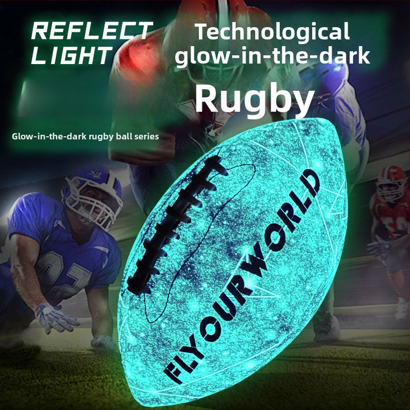 Rugby lopta: svetlá, fluoreskujúca a reflexná; PU materiál, šitie strojové, prispôsobiteľná s logom