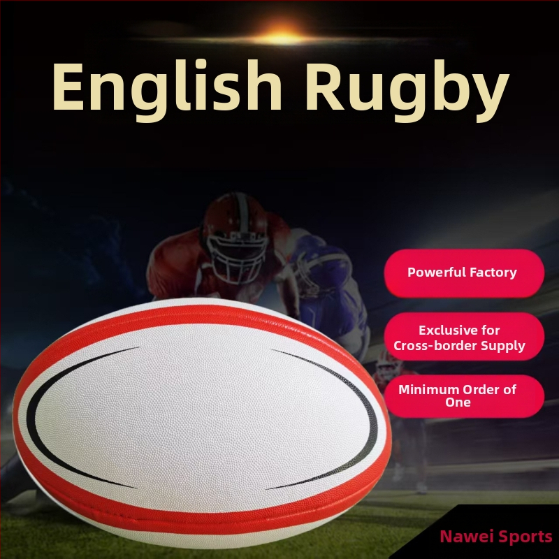 Guminis regbio kamuolys su grubia neslystančia danga treniruotėms ir varžyboms; siuvama mašininiu siuvimu, logotipo spausdinimas įmanomas, kilmė Yiwu, Zhejiang
