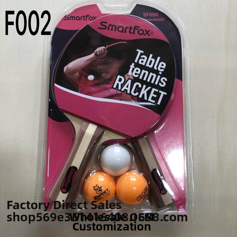 Pradedančiųjų stalo teniso raketės komplektas – dvi raketės ir trys kamuoliukai; Fox, liepų plokštė, guma su tiesioginiais klijais, horizontali raketė, modelis F002