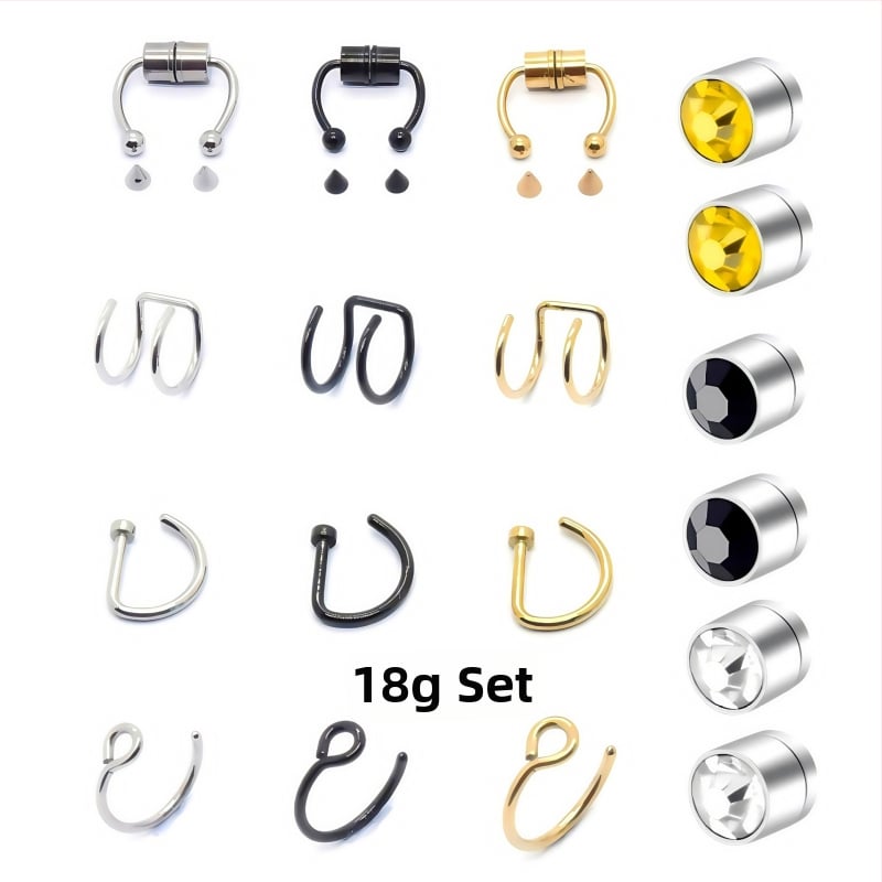 Неръждаема стомана магнитна носна щипка, D-образен носен пирон, перфорирана носна халка, магнитна ушна щипка – 18-частен комплект бижута за ръчна изработка, унисекс, електроплатинг