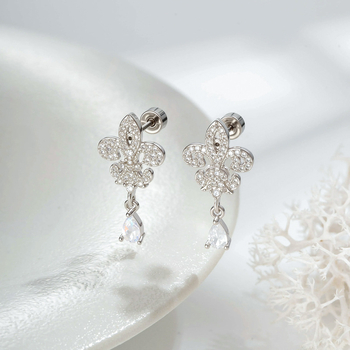 Обeци в ретро френски стил, ирисова водно-капкова висулка, титаново-стоманена конструкция, двойно крайни винтови пръчки, микроинрустрирани циркони