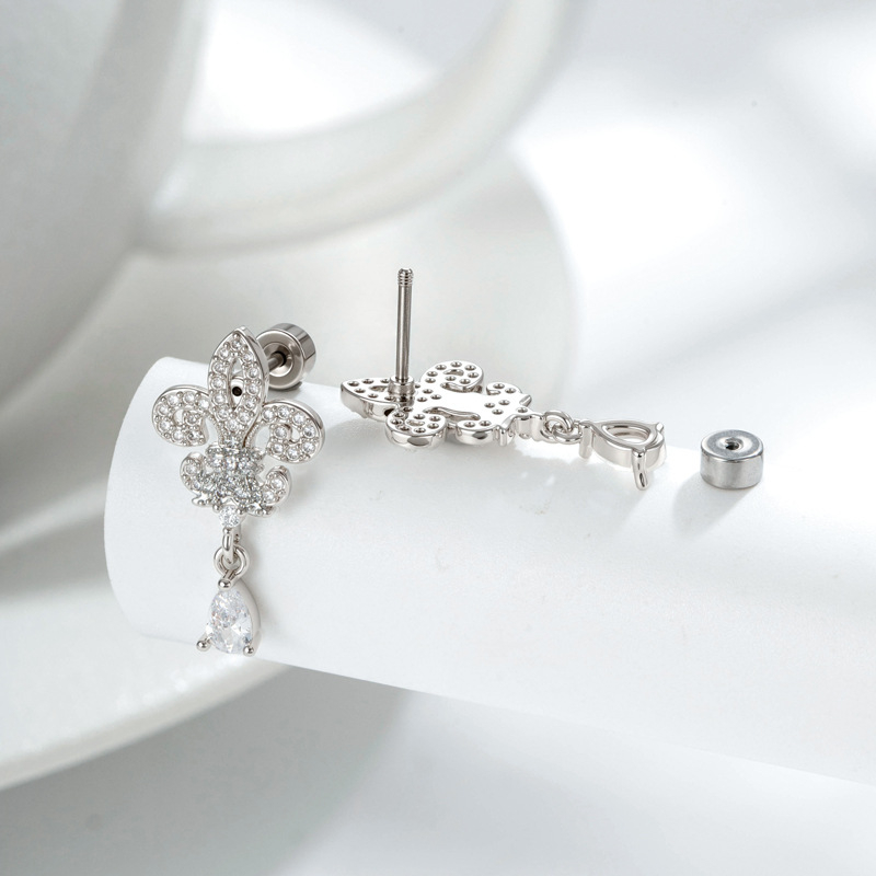 Обeци в ретро френски стил, ирисова водно-капкова висулка, титаново-стоманена конструкция, двойно крайни винтови пръчки, микроинрустрирани циркони