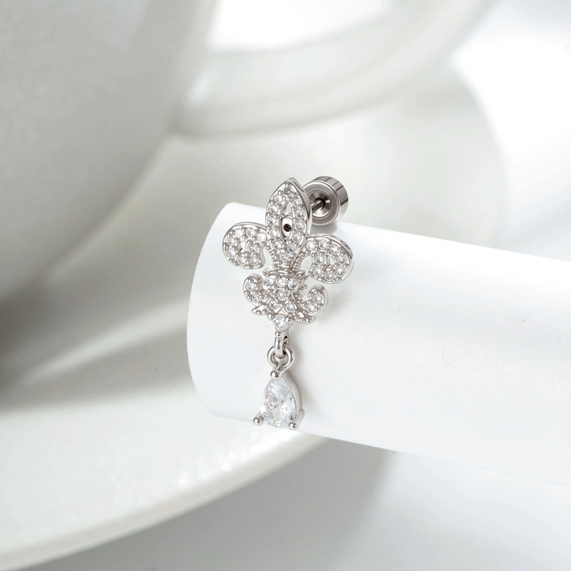 Обeци в ретро френски стил, ирисова водно-капкова висулка, титаново-стоманена конструкция, двойно крайни винтови пръчки, микроинрустрирани циркони