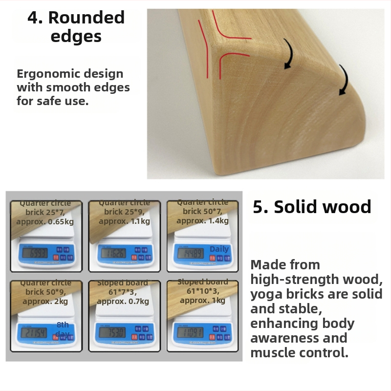 Йога тухла от масивно дърво – 1/4 кръгла аркова форма за разтягане и подпомагане на практиката