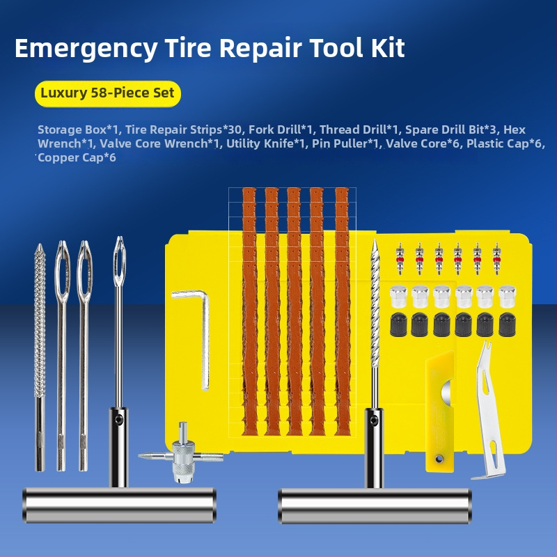 BY-1622 riepu remontēšanas komplekts, metāla kastē ar PVC iepakojumu, 33 vai 58 gabalu komplekts, piemērots automobiļiem, motocikliem un elektrotransportam