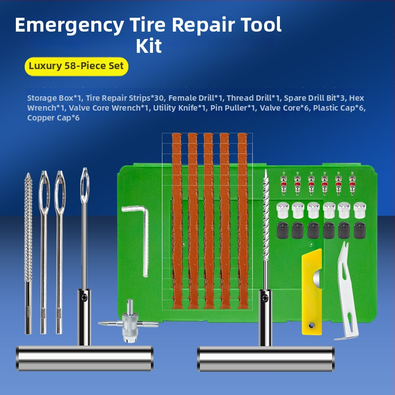 BY-1622 riepu remontēšanas komplekts, metāla kastē ar PVC iepakojumu, 33 vai 58 gabalu komplekts, piemērots automobiļiem, motocikliem un elektrotransportam