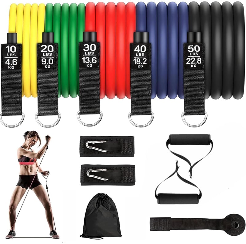 Set fitness užadi i otpornih traka s D kopčom, 11 komada, TPE materijal, duljina 1,2 m