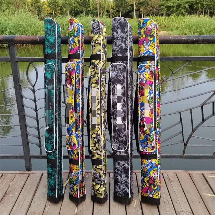 Pamutvászonból készült horgászbot táska, patkó alakú, egyrétegű oldalsó zsebbel; dupla rétegű változat oldalsó zsebbel