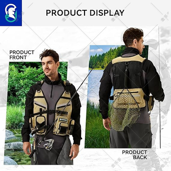Makšķerēšanas veste no Oxford auduma, elpojošs tīklveida materiāls, vairāk kabatas, lielā kabata ārējai zvejai