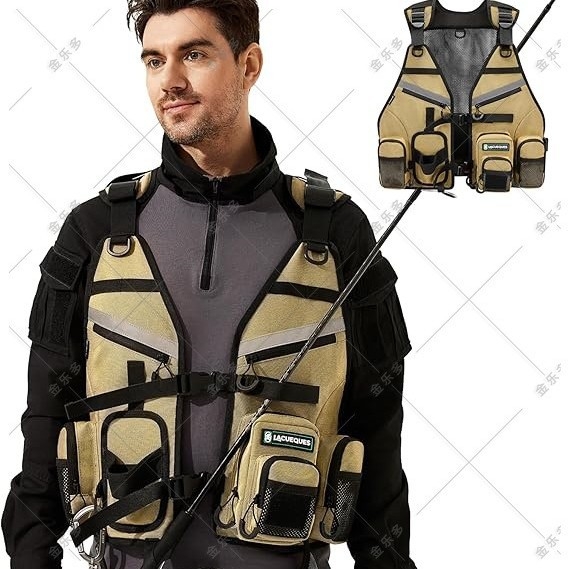 Makšķerēšanas veste no Oxford auduma, elpojošs tīklveida materiāls, vairāk kabatas, lielā kabata ārējai zvejai