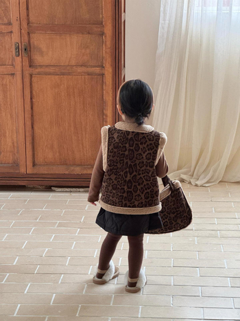 Vesta pentru fete cu imprimeu leopard, exterior din bumbac amestec, căptușeală din lână, umplutură poliester, pentru vârsta 3–8 ani, iarnă/toamnă