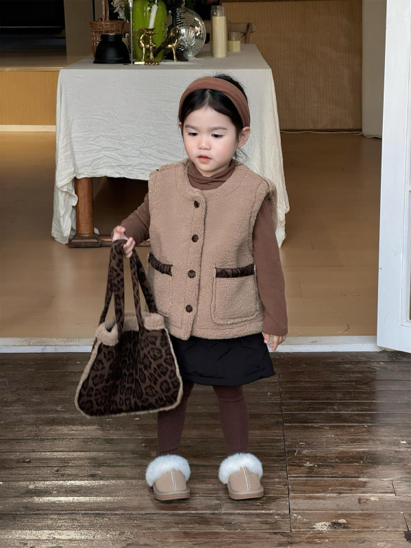 Vesta pentru fete cu imprimeu leopard, exterior din bumbac amestec, căptușeală din lână, umplutură poliester, pentru vârsta 3–8 ani, iarnă/toamnă