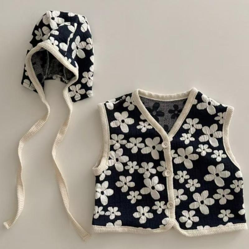Dječja lagana vest s cvjetnim uzorkom, korejski stil, V-izrez, odvojiva kapuljača, 95% pamuka