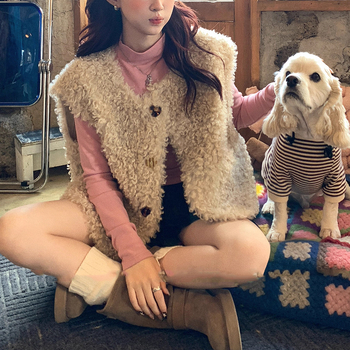 Дамска жилетка от изкуствена козина, еко-приятелска за зима 2025 – кръгло деколте, еднобортна, монотонен дизайн, полиестерна тъкан, дължина 50–65 см, сладък стил