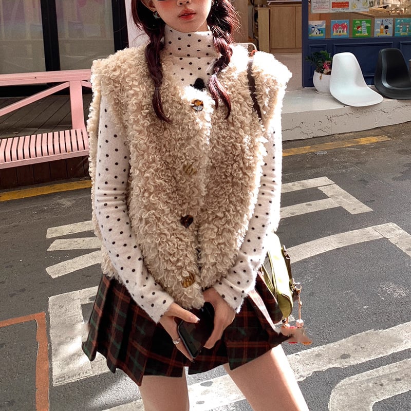Дамска жилетка от изкуствена козина, еко-приятелска за зима 2025 – кръгло деколте, еднобортна, монотонен дизайн, полиестерна тъкан, дължина 50–65 см, сладък стил