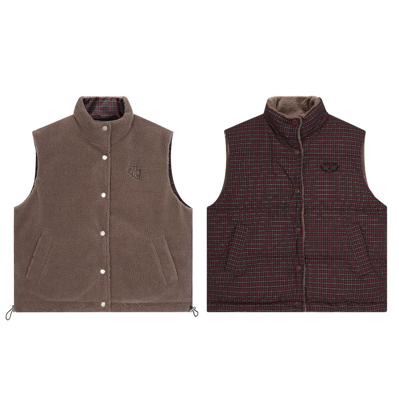 Дамско реверсивно карирано памучно подплатено яке, свободен силует, стойка яка, цип, зима 2025