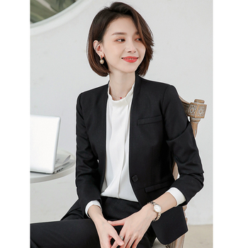 Női nadrágkosztüm gallér nélküli, hosszú ujjú zakó, poliészter–viskóz keverék elastánnal, iroda/üzleti viselet, 2023 tavasz