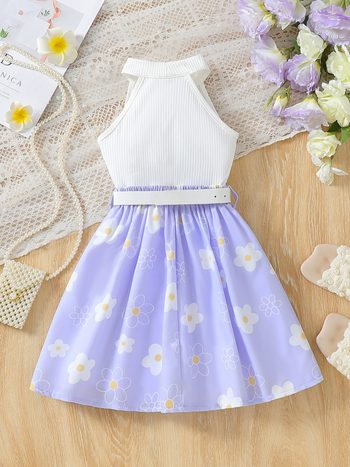 Nyári lányoknak készülő ujjatlan ruha hátsó halter nyakkal, virágos minta, pliszázott A-vonalú ruhaöv, 100% poliészter