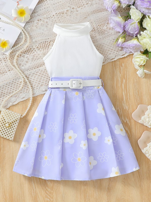 Nyári lányoknak készülő ujjatlan ruha hátsó halter nyakkal, virágos minta, pliszázott A-vonalú ruhaöv, 100% poliészter