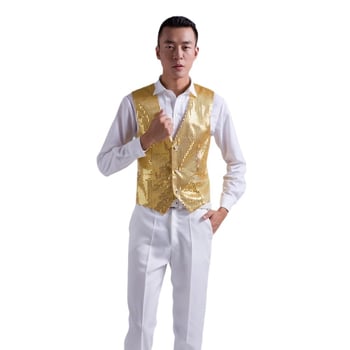 Muški prsluk sa šljokicama za scenske nastupe — V izrez, ravni kroj, flis podstava, glavni materijal: krava koža (50%), podstava od acetata