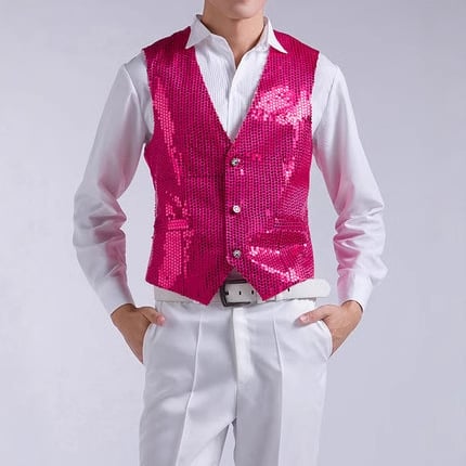 Muški prsluk sa šljokicama za scenske nastupe — V izrez, ravni kroj, flis podstava, glavni materijal: krava koža (50%), podstava od acetata