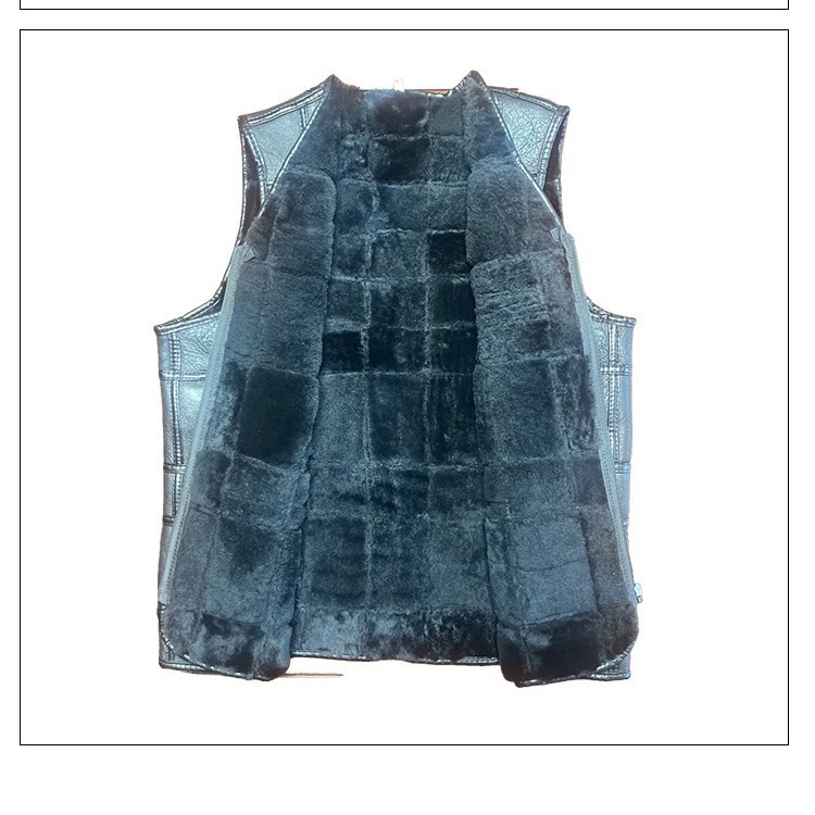 Ανδρικό γιλέκο με γούνα προβάτου και δερμάτινη επένδυση από μαλλί, χωρίς γιακά, με φερμουάρ, καρό τζακάρντ, μπλοκ χρωμάτων, παχιά μόνωση