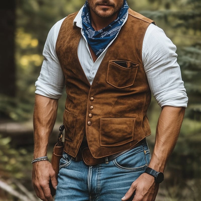 Muški prsluk za sako s V-izrezom, uski kroj, poliester u imitaciji velura, tri džepa sa zakrpama