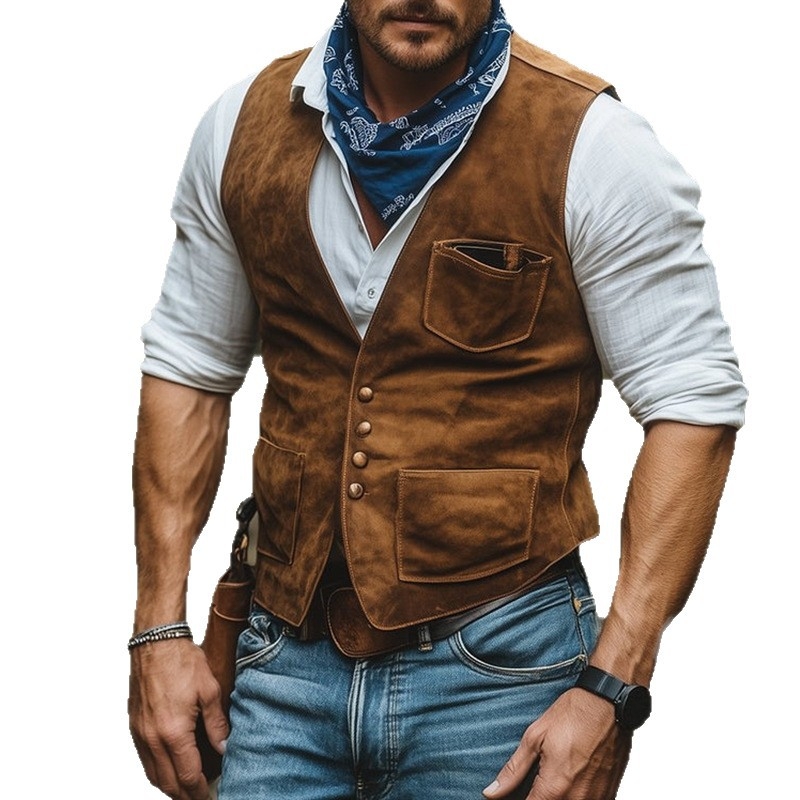 Muški prsluk za sako s V-izrezom, uski kroj, poliester u imitaciji velura, tri džepa sa zakrpama