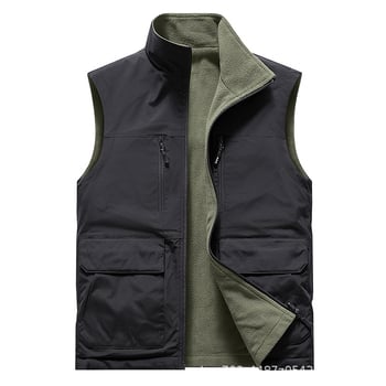 Muška flis vest sa stojećim ovratnikom, zatvaračem, višestrukim džepovima, slobodnog kroja