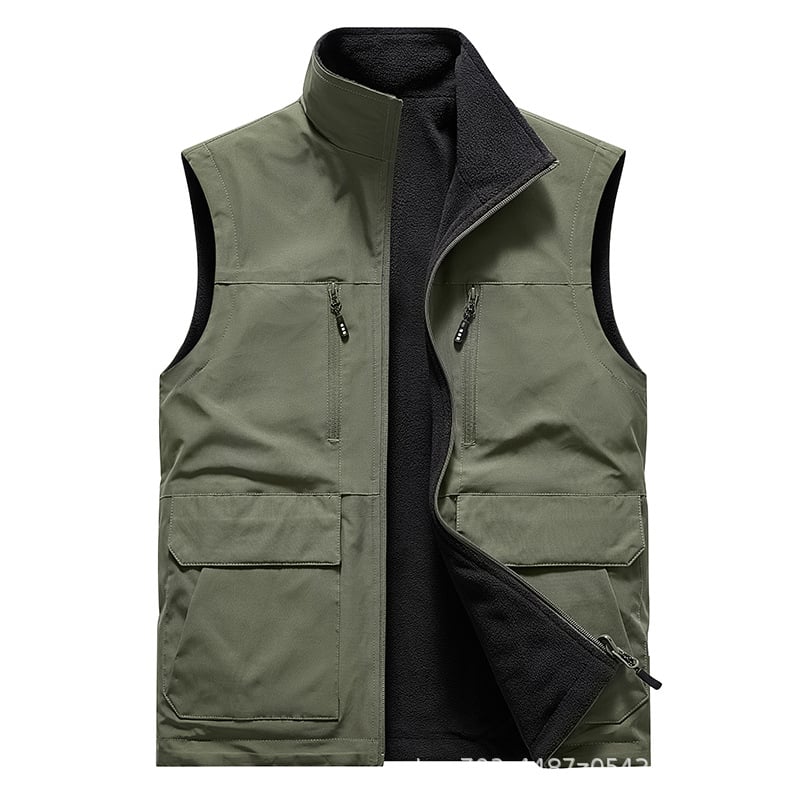 Muška flis vest sa stojećim ovratnikom, zatvaračem, višestrukim džepovima, slobodnog kroja